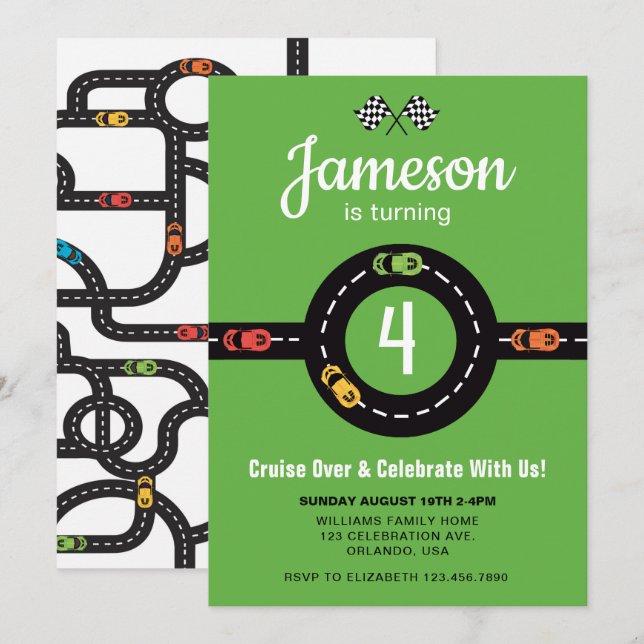 Race Track Boys 4th Birthday Green Invitation (Front/Back)