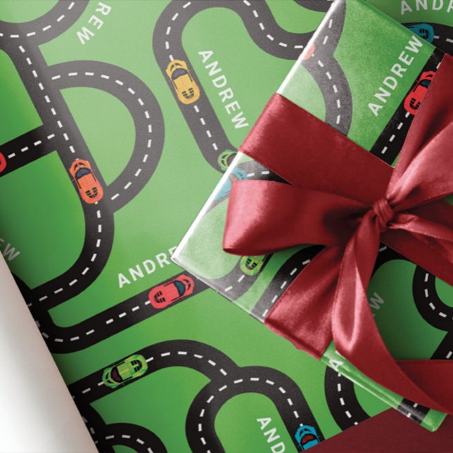 Race Track Boys Birthday Green Wrapping Paper Sheet (Creator Uploaded)