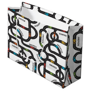 Race Track Boys Birthday White  Large Gift Bag
