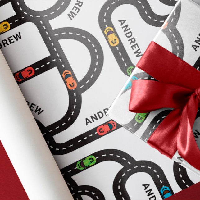 Race Track Boys Birthday White Wrapping Paper (Creator Uploaded)