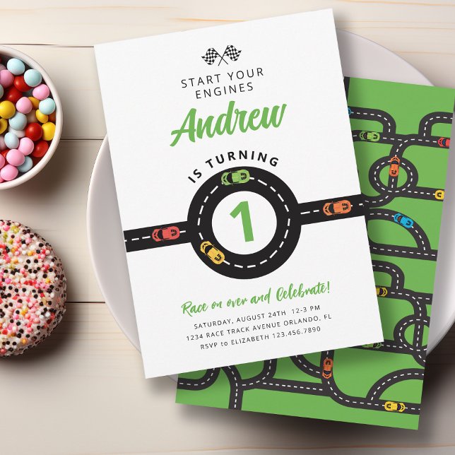 Race Track Cars Green Boys 1st Birthday Invitation (Creator Uploaded)
