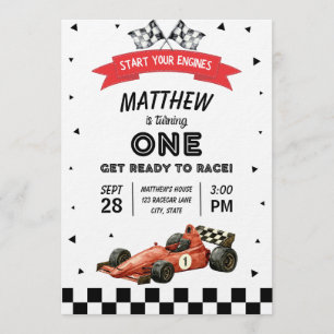 Racecar First Birthday Retro Watercolor Invitation