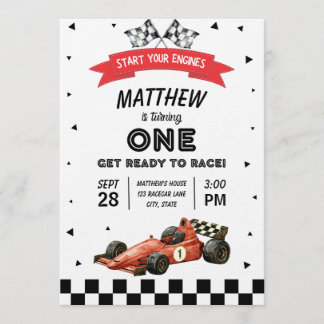 Racecar First Birthday Retro Watercolor Invitation