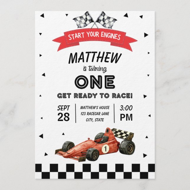 Racecar First Birthday Retro Watercolor Invitation (Front)