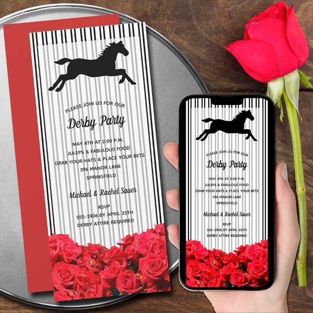 Racehorse and Roses Derby Party Invitation (Horse Racing Roses Stripes Derby Invitations - printed and perfect size for INSTANT DOWNLOAD!)