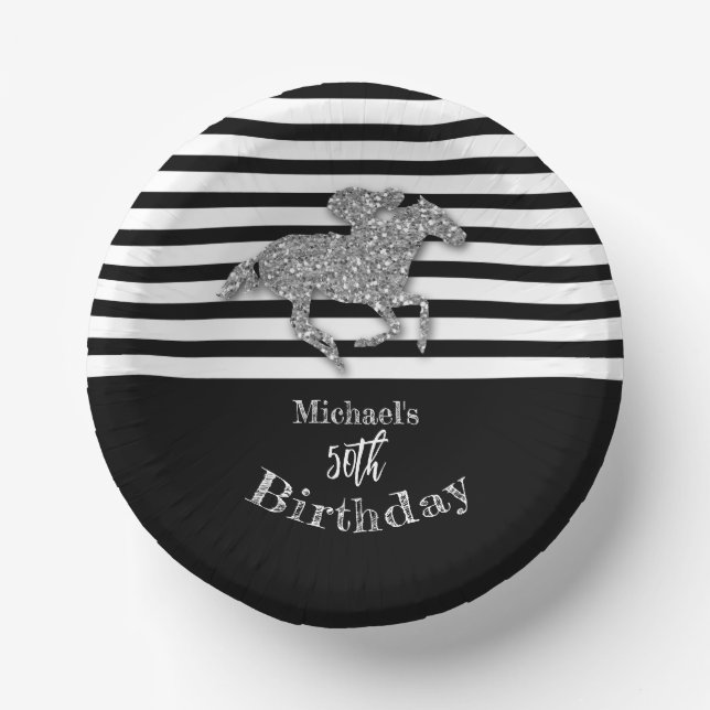 Racehorse Black White Stripes Birthday Paper Plate (Front)