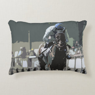 Racehorse With Jockey In Blue Accent Pillow