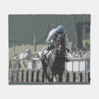 Racehorse With Jockey In Blue Fleece Blanket