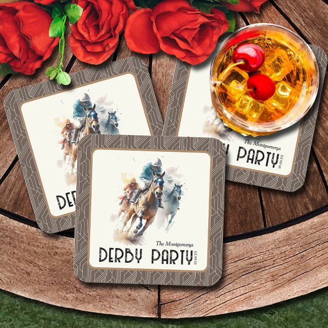 Racehorses Derby Party Brown Square Paper Coaster (Racehorses and Jockeys Derby Party Brown Square Paper Coasters)