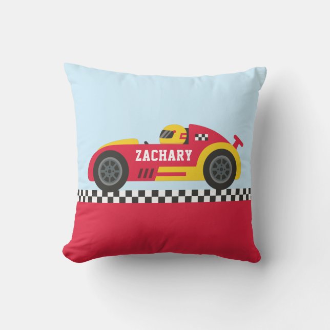 Racer in Yellow and Red Race Car Boys Room Decor Cushion (Front)