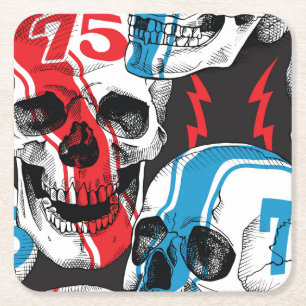 Racer Skull: Vintage Seamless Rebellion. Square Paper Coaster