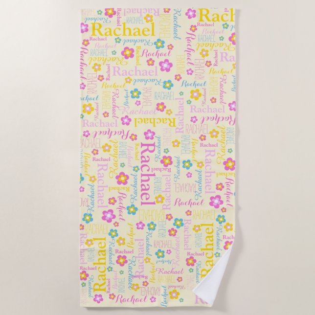Rachel flowers name typographic yellow pink beach towel (Front)