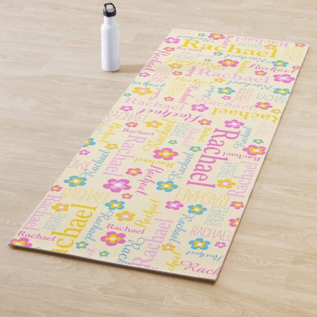 Rachel flowers name typographic yellow pink yoga mat (In Situ)