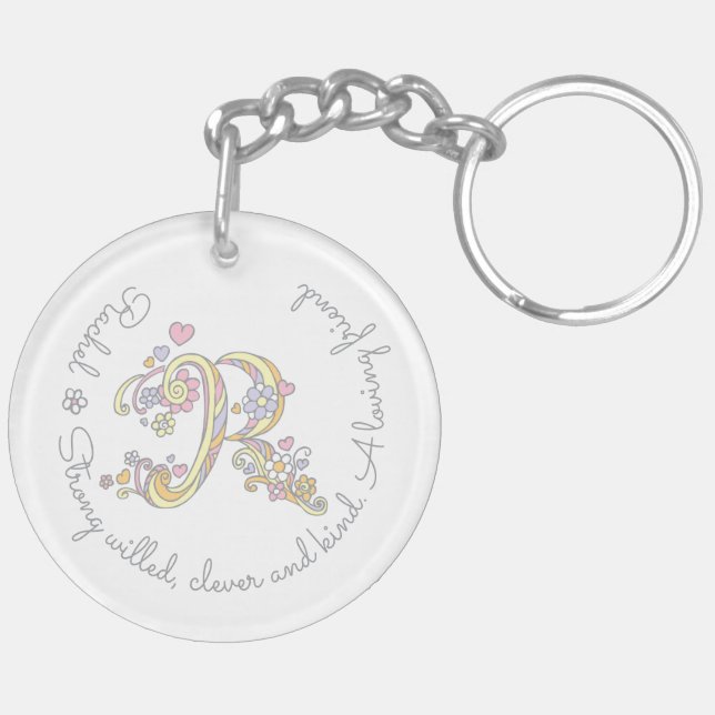 Rachel monogram letter r name and meaning keyring (Back Left)