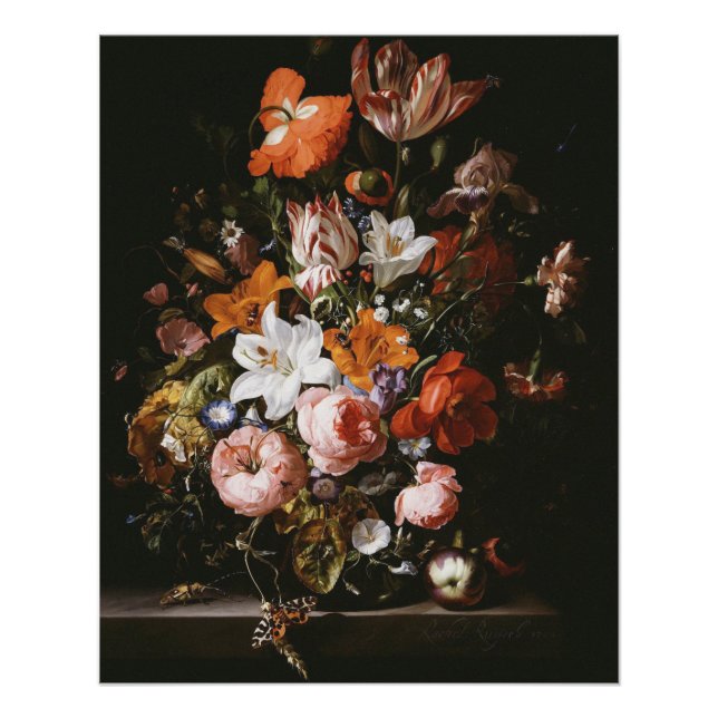Rachel Ruysch - Flowers In A Glass Vase Poster (Front)