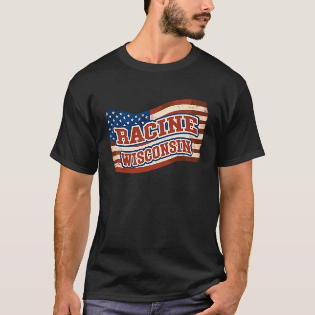 Racine City Wisconsin Vintage American Flag T-Shirt (Front)