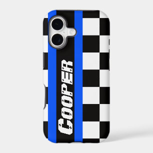 Racing auto sports chequered blue name iphone case