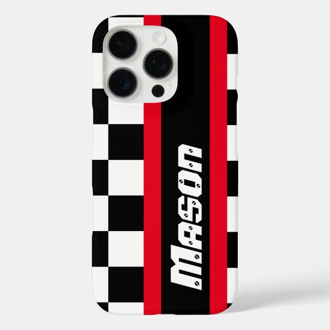 Racing auto sports chequered flag name iPhone case (Back)