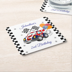 Racing Birthday Party   Race Car & Chequered Flag Square Paper Coaster