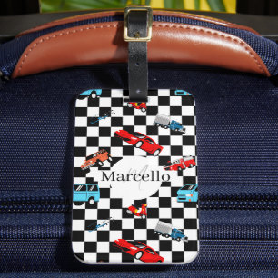 Racing Black and White Modern Pattern with Cars Luggage Tag