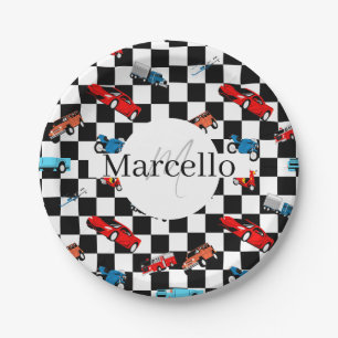 Racing Black and White Modern Pattern with Cars Paper Plate