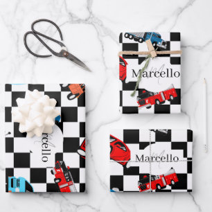 Racing Black and White Modern Pattern with Cars Wrapping Paper Sheet