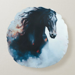 Racing Black Horse Portrait Minimalist Round Cushion