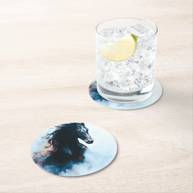  Racing Black Horse Portrait Minimalist Round Paper Coaster (Insitu)