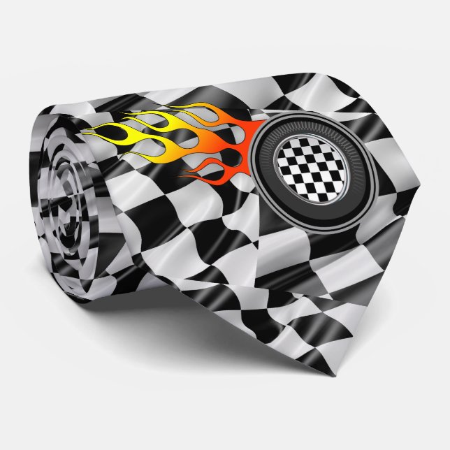 Racing Black White Check Flag Tire Flames Necktie (Rolled)
