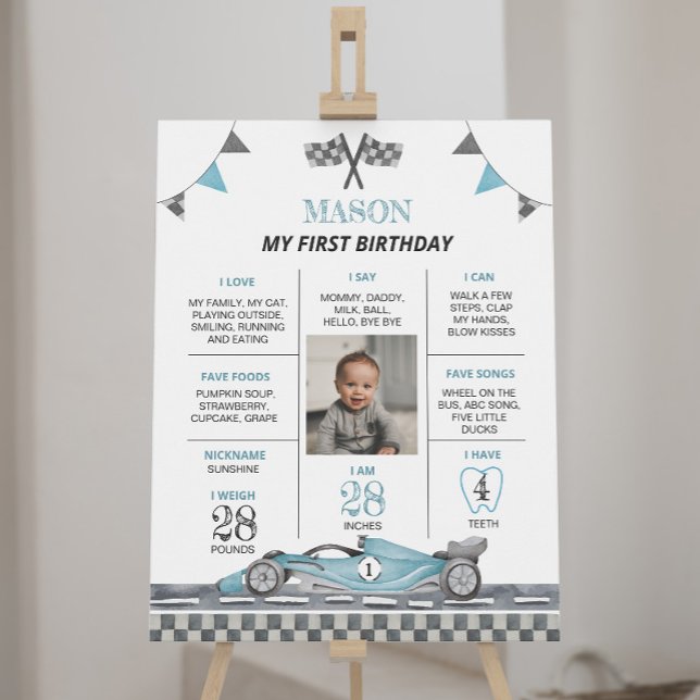 Racing Car 1st Birthday Photo Milestone Poster (Creator Uploaded)