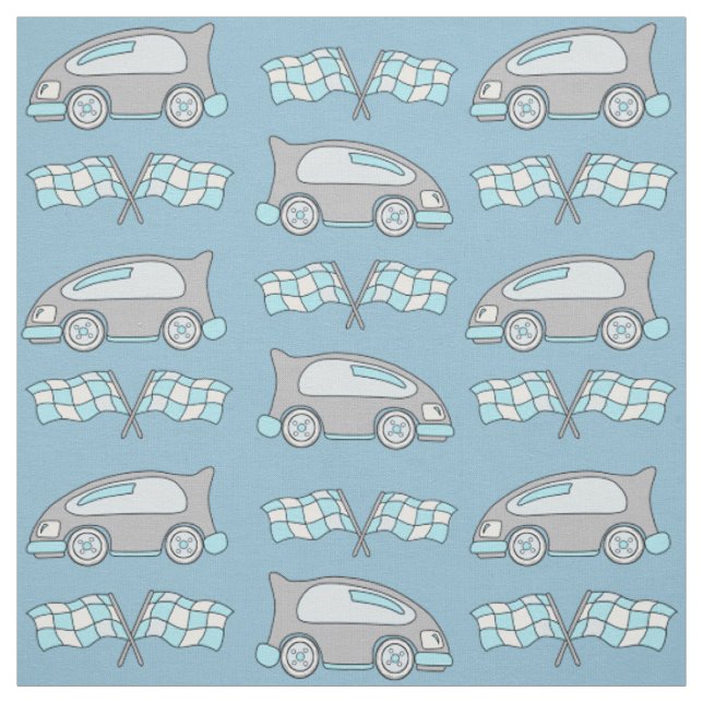 Racing Car and Flags on Blue Pattern Fabric (Swatch)
