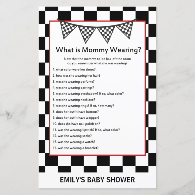 Racing Car Baby Shower Game PRINTED (Front)