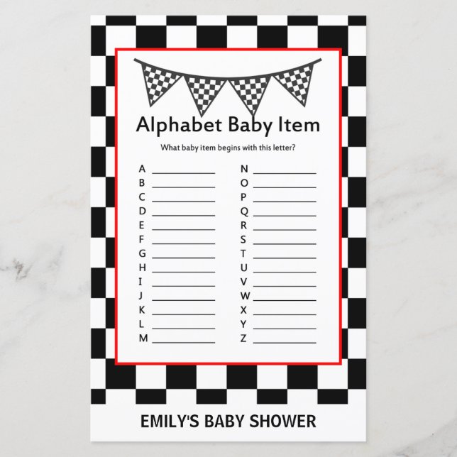Racing Car Baby Shower Game PRINTED (Front)