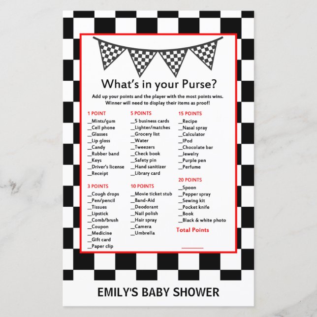 Racing Car Baby Shower Game PRINTED (Front)