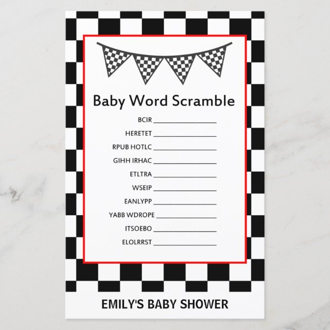 Racing Car Baby Shower Game PRINTED (Front)