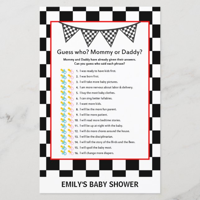 Racing Car Baby Shower Game PRINTED (Front)