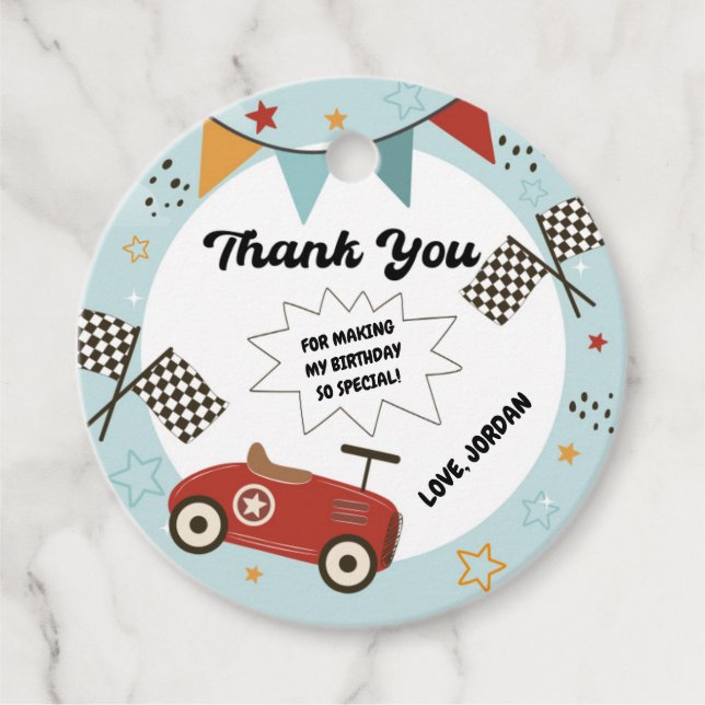 Racing Car Birthday Circle Thank You Tag (Front)