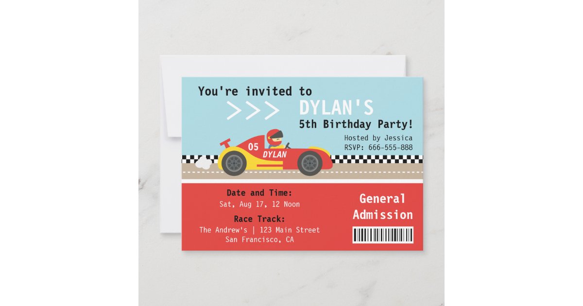 Racing Car, Birthday Party, Boys Admission Ticket Invitation | Zazzle.co.uk