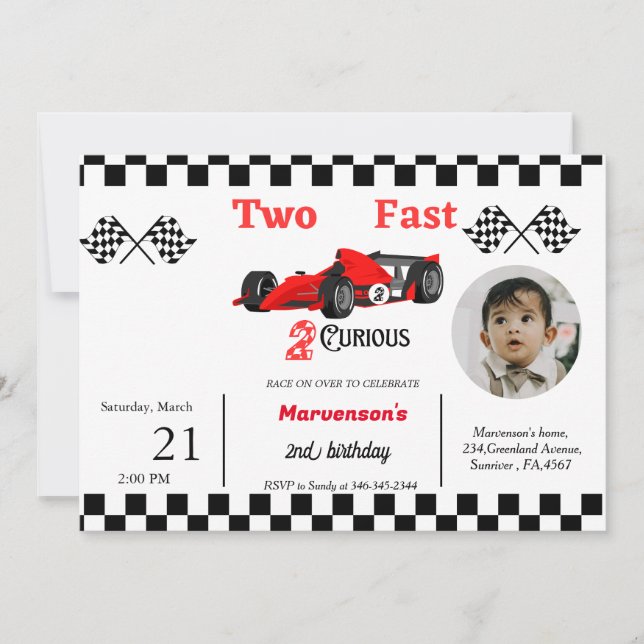 Racing car bithday boy growing up two fast invitation (Front)
