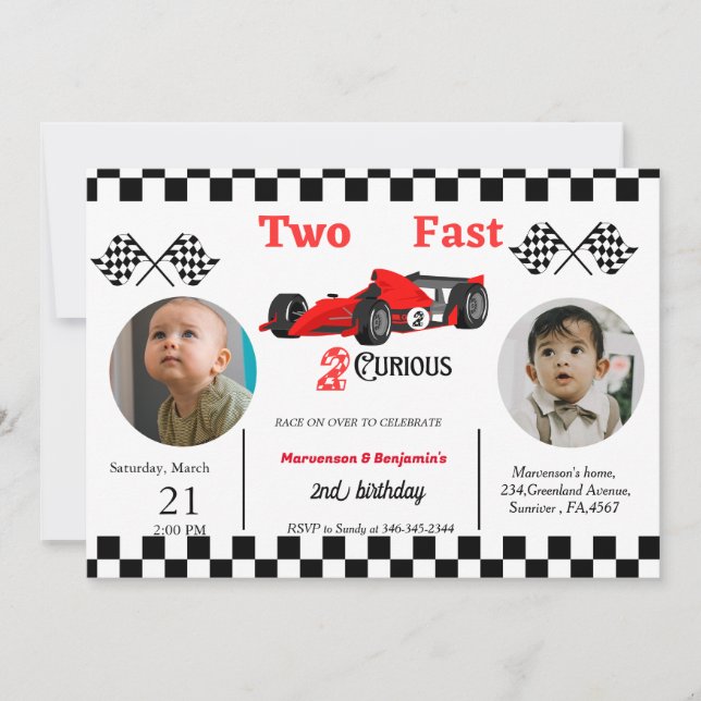 Racing car bithday twin boys growing up two fast  invitation (Front)