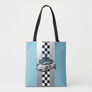 Racing car, black & white chequered blue tote bag