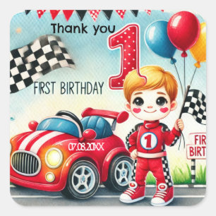 Racing car Boy 1st Birthday Party Square Sticker