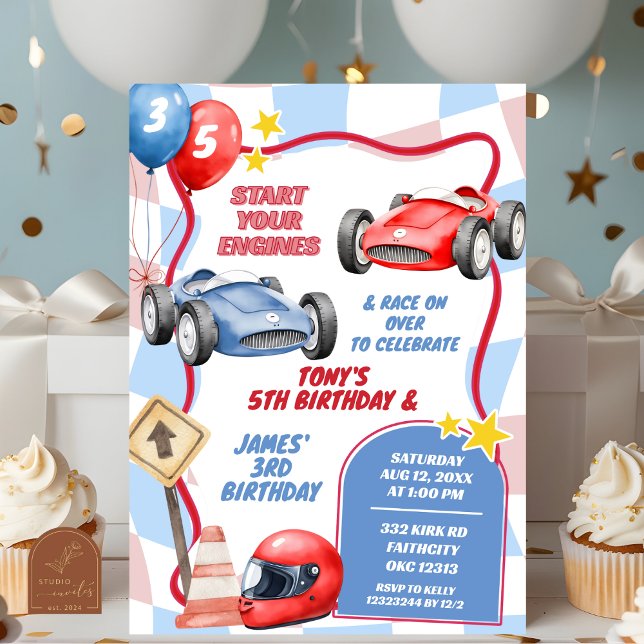 Racing Car Boys Joint Birthday  Invitation (Creator Uploaded)