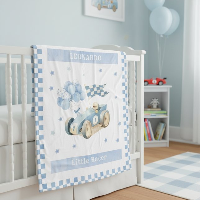 Racing Car Checkered Blue Flag Little Racer Fleece Blanket (Creator Uploaded)