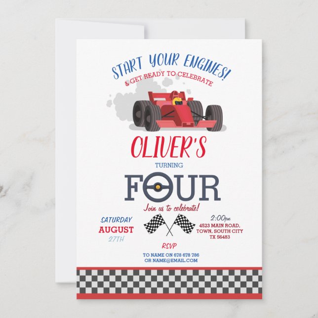 Racing Car Driver Four Trip Track 4th Birthday Invitation (Front)