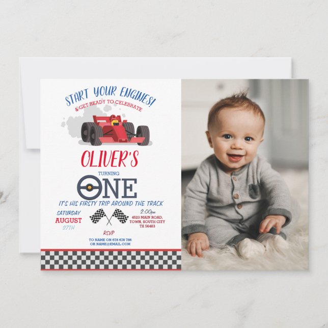 Racing Car Driver ONE First Trip Photo Birthday  Invitation (Front)