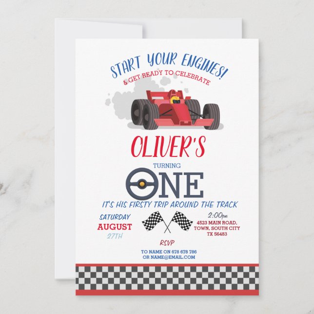 Racing Car Driver ONE First Trip Track Birthday Invitation (Front)