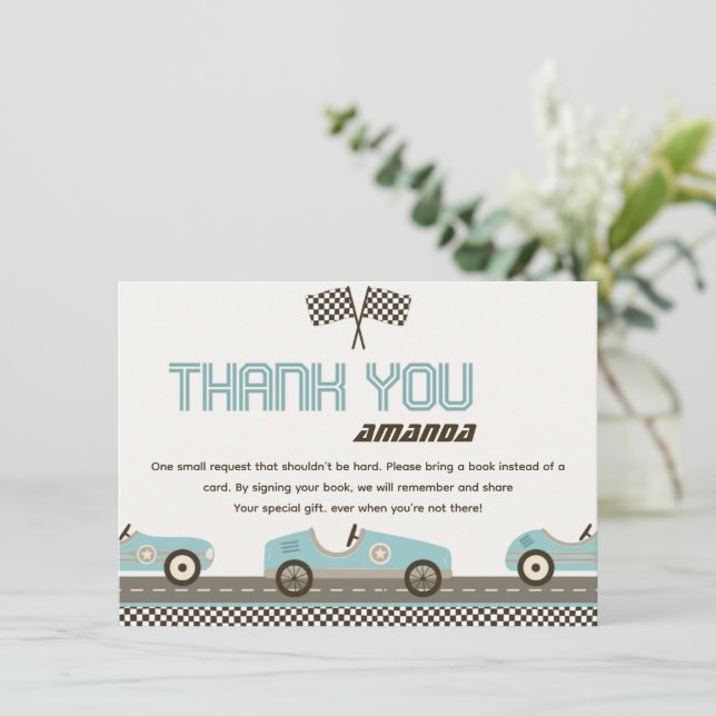 Racing Car Fast  Baby Shower Thank You Card (Standing Front)