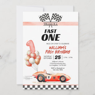 Racing Car Fast One Blue 1st Birthday Invitation