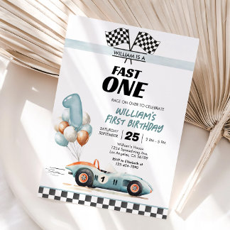 Racing Car Fast One Blue 1st Birthday Invitation
